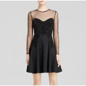 French Connection Sequin Dress 2 Black Moon Dust Mesh Beaded Flare Long Sleeve